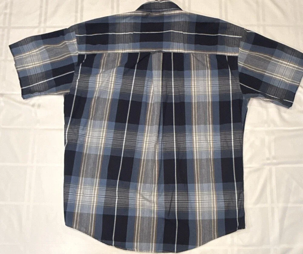 Vintage Chaps Ralph Lauren Plaid Shirt Mens L Short Sleeve Button Down Blue 90s